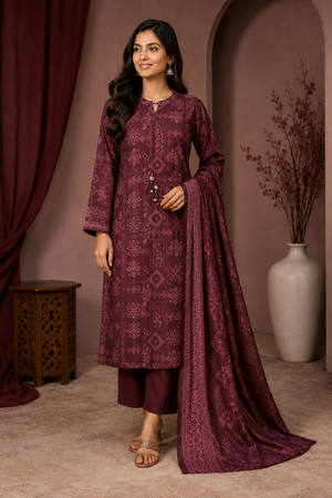 MTJ Tariq Jamil Maroon Printed Lawn 3-Piece Unstitched Suit
