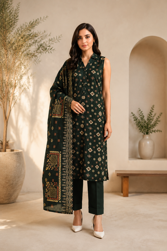 SAYA Black Printed Lawn 3-Piece Unstitched Suit