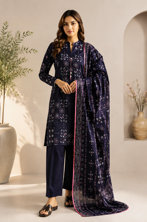 SAYA Navy Printed Lawn 3-Piece Unstitched Suit