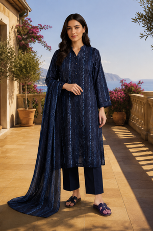 MTJ Tariq Jamil Navy Blue Printed Lawn 3-Piece Unstitched Suit
