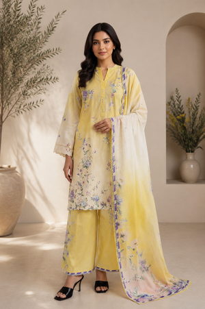 SAYA Yellow Floral Printed Lawn 3-Piece Unstitched Suit