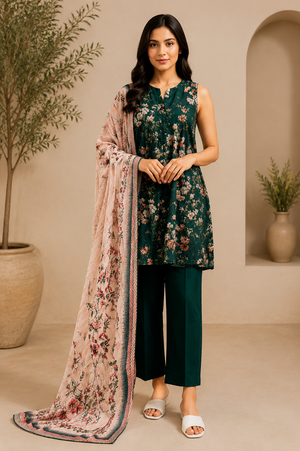 SAYA Dark Green Floral Printed Lawn 3-Piece Unstitched Suit