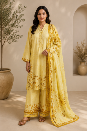 SAYA Yellow Floral Printed Lawn 3-Piece Unstitched Suit