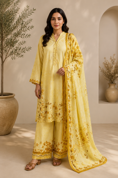SAYA Yellow Floral Printed Lawn 3-Piece Unstitched Suit