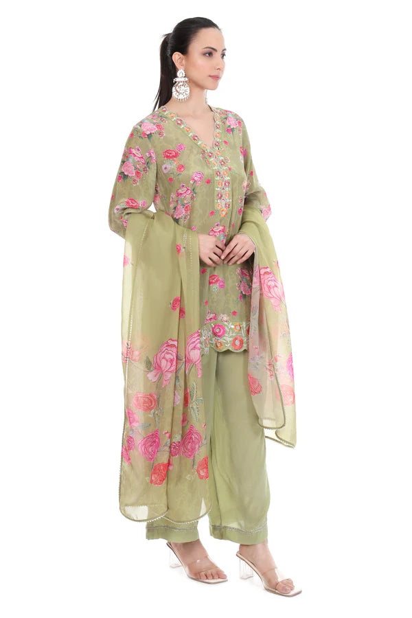 Green Embroidered Floral Short Kurta Set