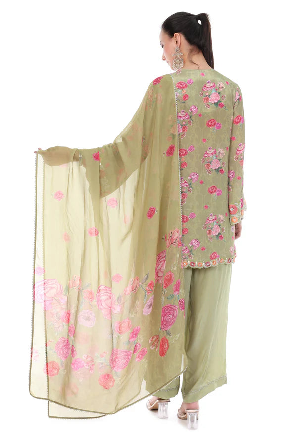 Green Embroidered Floral Short Kurta Set