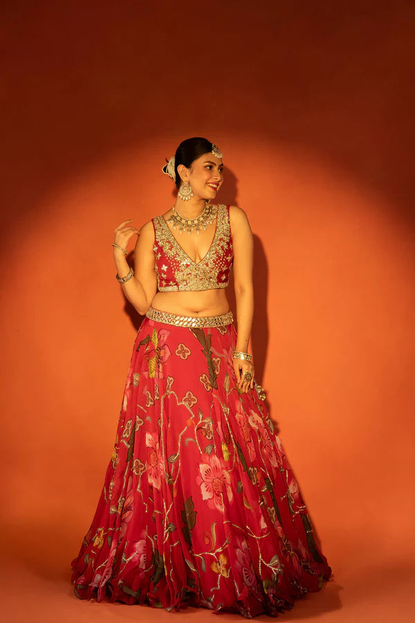 Red Floral Lehenga with Mirror-Work Blouse and Placement Dupatta